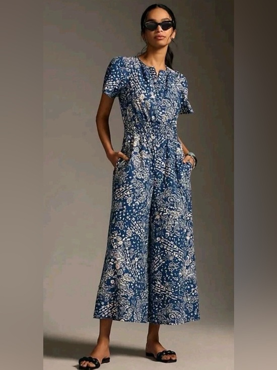 by Anthropologie The Somerset Wide Leg Jumpsuit Size XL Blue White Floral Casual - Picture 4 of 16